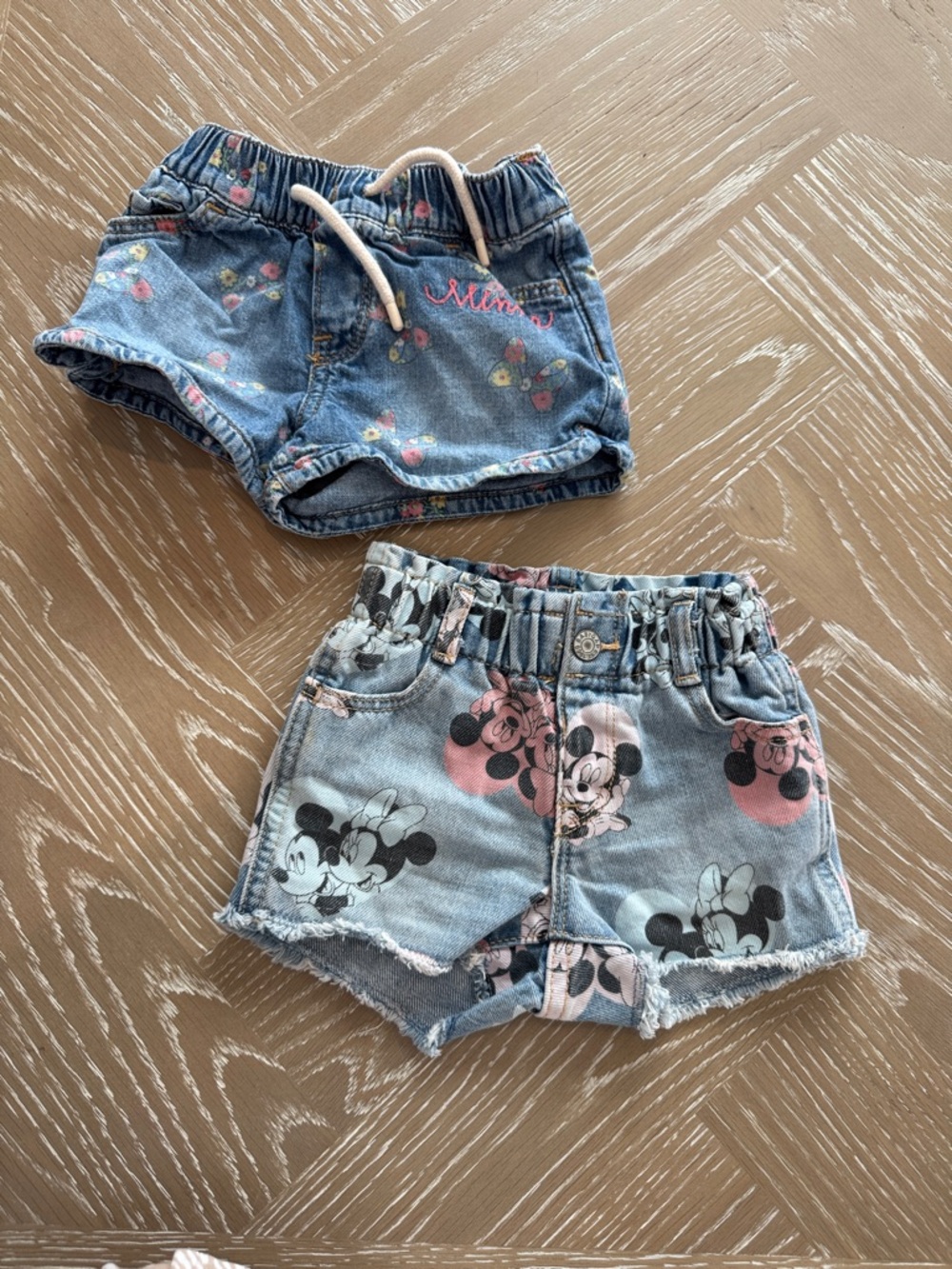 2 GAP Kids Denim Shorts with Pink & Black Minnie Print
